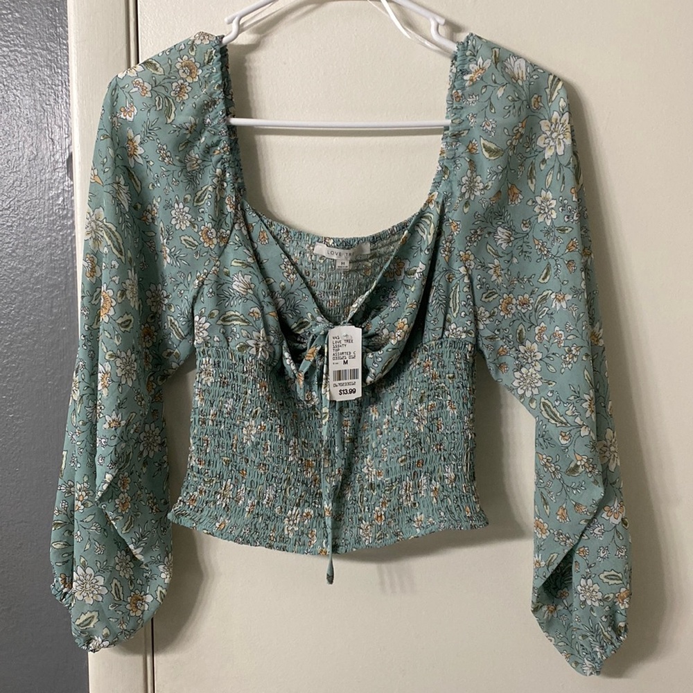 Q Medium Green Floral Pleated Puff Sleeve Crop Top